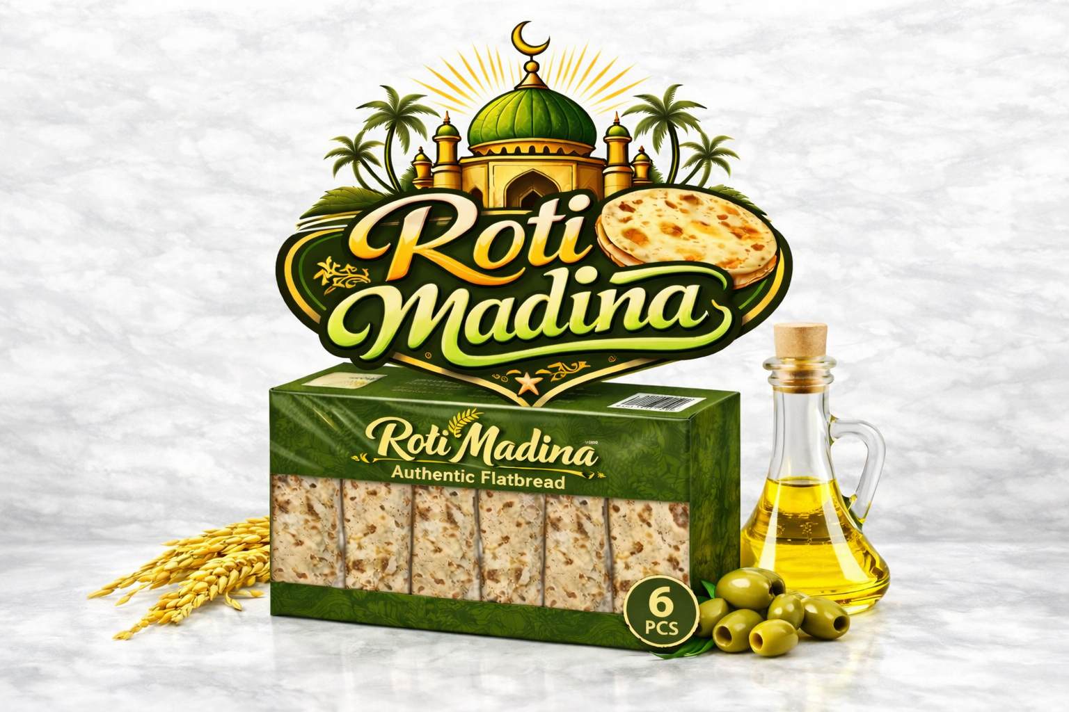 Roti Madina green 6 piece flatbread pack with olive oil and wheat